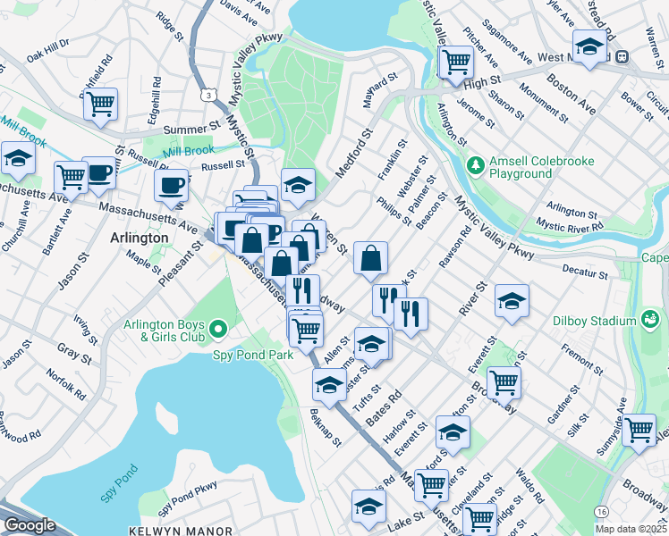map of restaurants, bars, coffee shops, grocery stores, and more near 62 Palmer Street in Arlington
