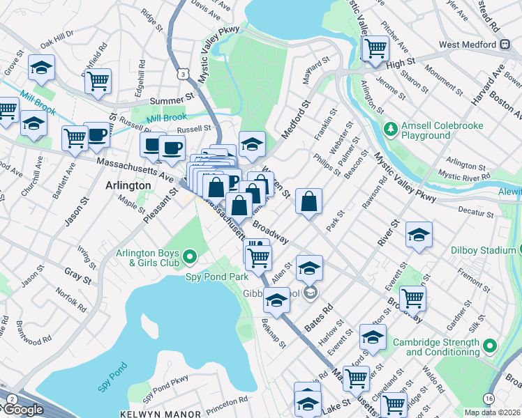 map of restaurants, bars, coffee shops, grocery stores, and more near 27 Damon Park in Arlington