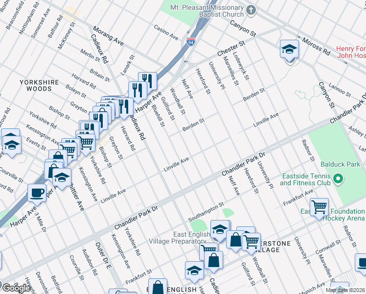 map of restaurants, bars, coffee shops, grocery stores, and more near 5943 Guilford Street in Detroit