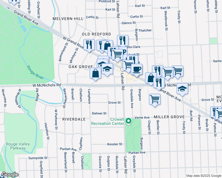 map of restaurants, bars, coffee shops, grocery stores, and more near 16881 Rockdale Street in Detroit