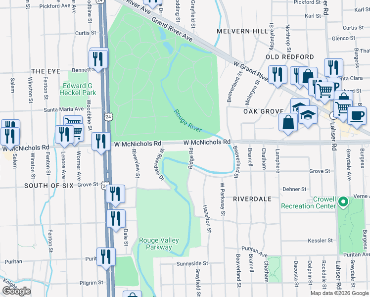 map of restaurants, bars, coffee shops, grocery stores, and more near 23400 South Riverdale Drive in Detroit