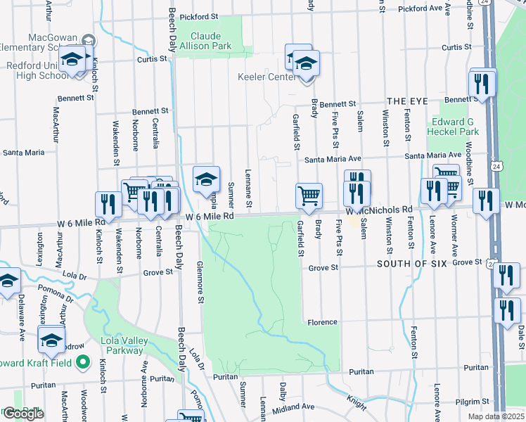 map of restaurants, bars, coffee shops, grocery stores, and more near 25345 West 6 Mile Road in Redford Charter Township