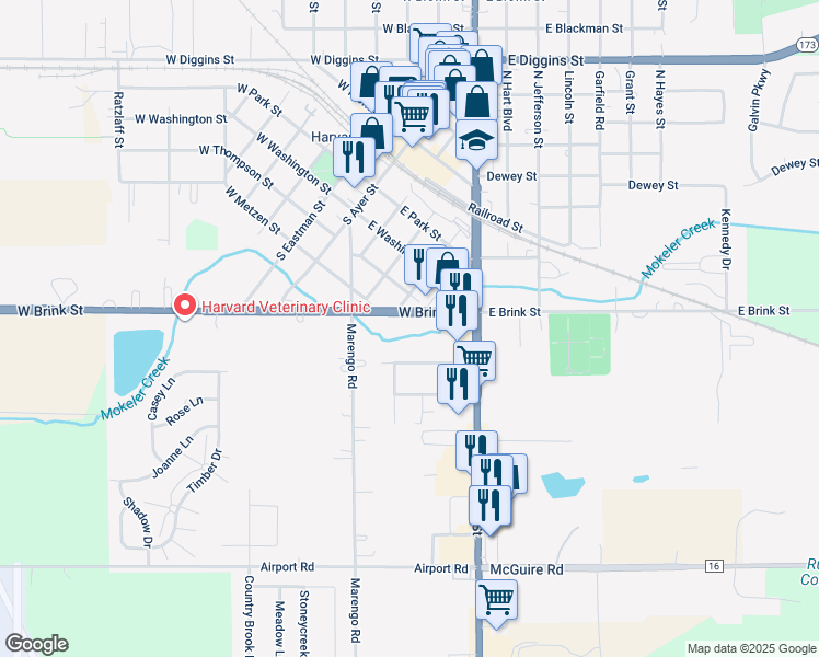 map of restaurants, bars, coffee shops, grocery stores, and more near 207 South Park Avenue in Harvard