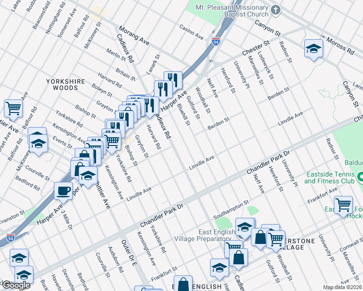 map of restaurants, bars, coffee shops, grocery stores, and more near 6010 Cadieux Road in Detroit
