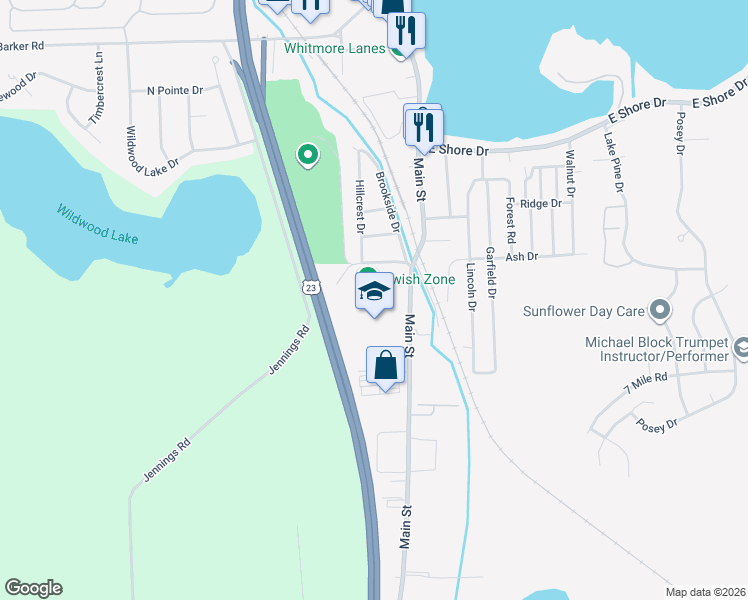 map of restaurants, bars, coffee shops, grocery stores, and more near 8877 Main Street in Whitmore Lake