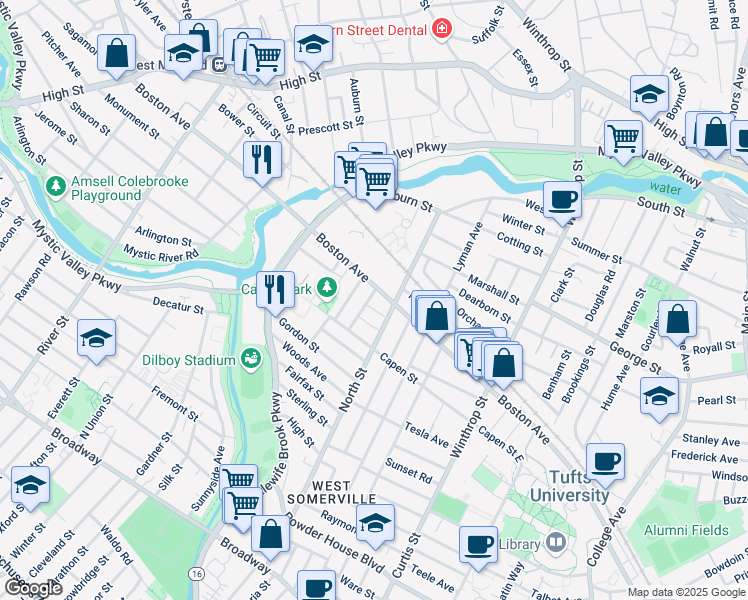 map of restaurants, bars, coffee shops, grocery stores, and more near 24 Pinkham Road in Medford