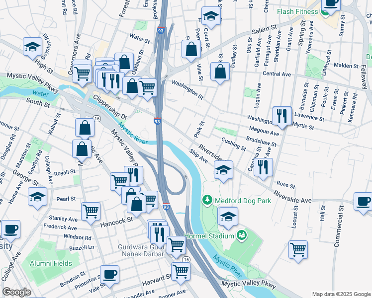 map of restaurants, bars, coffee shops, grocery stores, and more near 56 Ship Avenue in Medford
