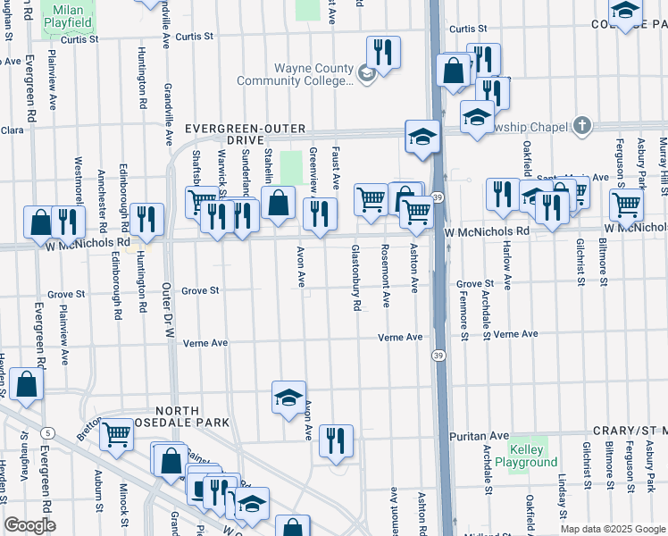 map of restaurants, bars, coffee shops, grocery stores, and more near 16819 Greenview Avenue in Detroit