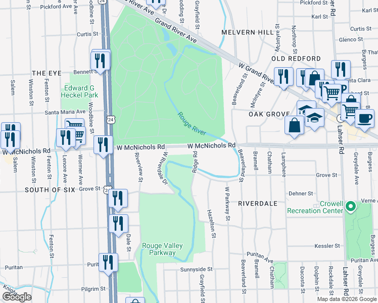 map of restaurants, bars, coffee shops, grocery stores, and more near 23400 South Riverdale Drive in Detroit