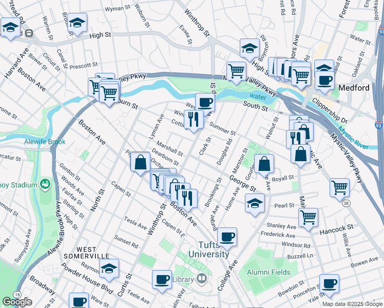 map of restaurants, bars, coffee shops, grocery stores, and more near 123 Winthrop Street in Medford