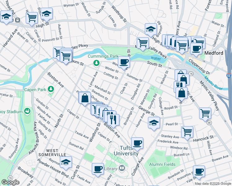 map of restaurants, bars, coffee shops, grocery stores, and more near 174 George Street in Medford