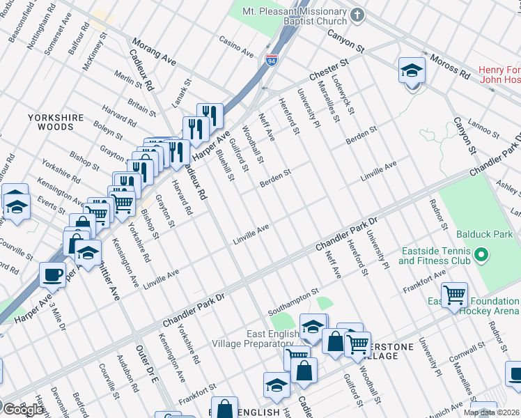 map of restaurants, bars, coffee shops, grocery stores, and more near 5943 Guilford Street in Detroit