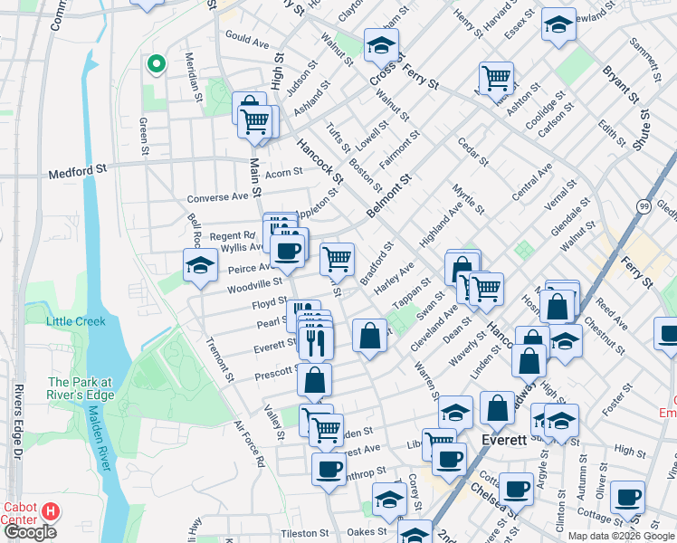 map of restaurants, bars, coffee shops, grocery stores, and more near 191 Bucknam Street in Everett