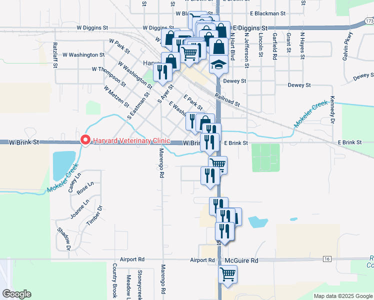 map of restaurants, bars, coffee shops, grocery stores, and more near 116 West Brink Street in Harvard