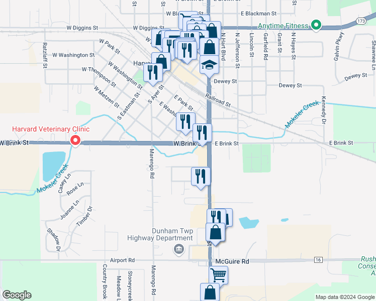 map of restaurants, bars, coffee shops, grocery stores, and more near 108 West Brink Street in Harvard