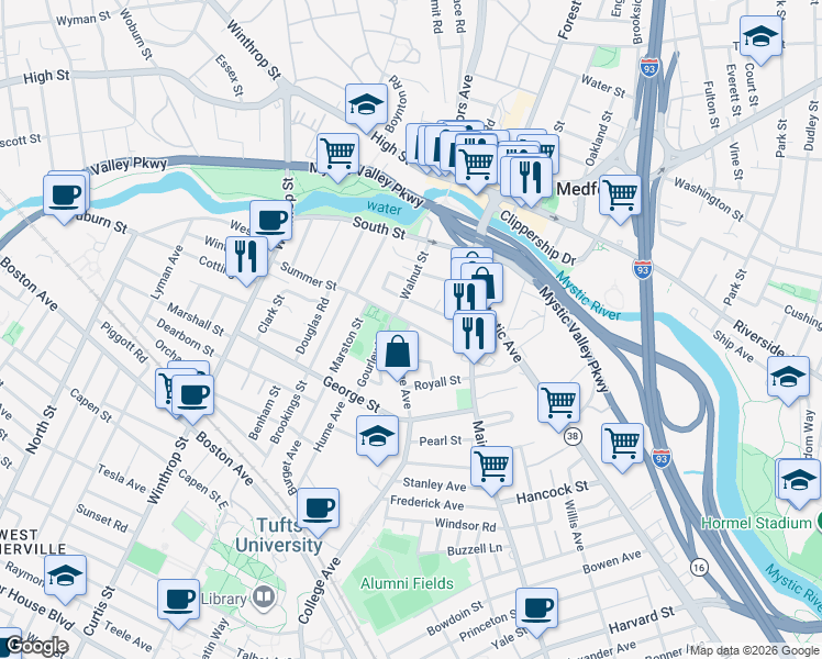map of restaurants, bars, coffee shops, grocery stores, and more near 13 College Avenue in Medford