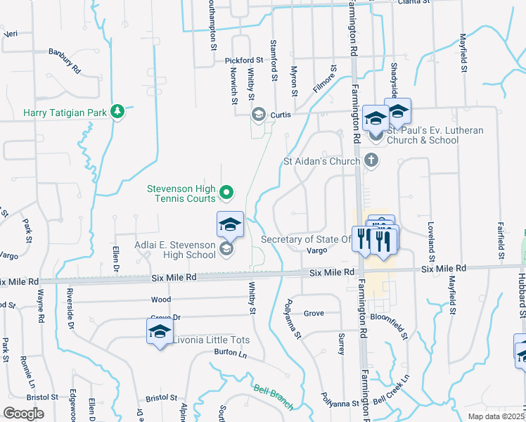map of restaurants, bars, coffee shops, grocery stores, and more near 17387 Francavilla Drive in Livonia