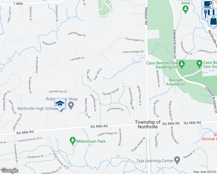 map of restaurants, bars, coffee shops, grocery stores, and more near 44576 White Pine Circle West in Northville