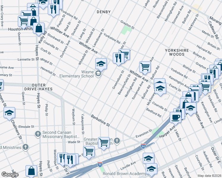 map of restaurants, bars, coffee shops, grocery stores, and more near 10315 Greensboro Street in Detroit