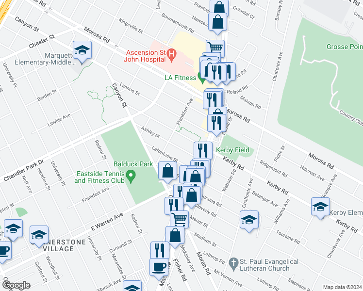 map of restaurants, bars, coffee shops, grocery stores, and more near 5028 Ashley Street in Grosse Pointe