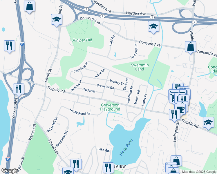map of restaurants, bars, coffee shops, grocery stores, and more near 66 Brewster Rd in Waltham