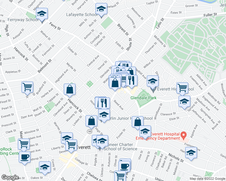map of restaurants, bars, coffee shops, grocery stores, and more near 691 Broadway in Everett