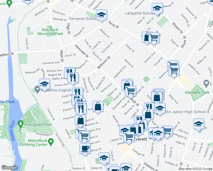 map of restaurants, bars, coffee shops, grocery stores, and more near 47A Harley Avenue in Everett