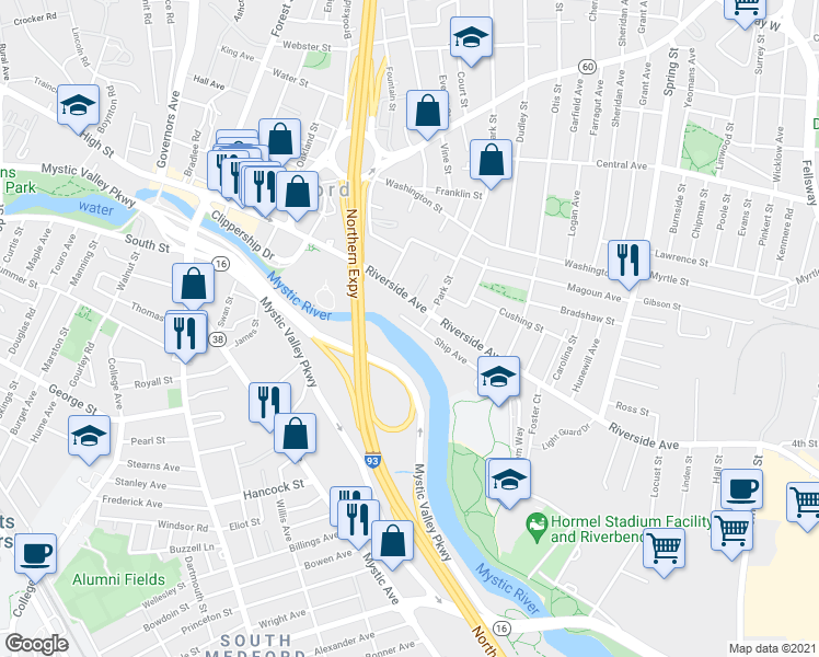 map of restaurants, bars, coffee shops, grocery stores, and more near 56 Ship Avenue in Medford