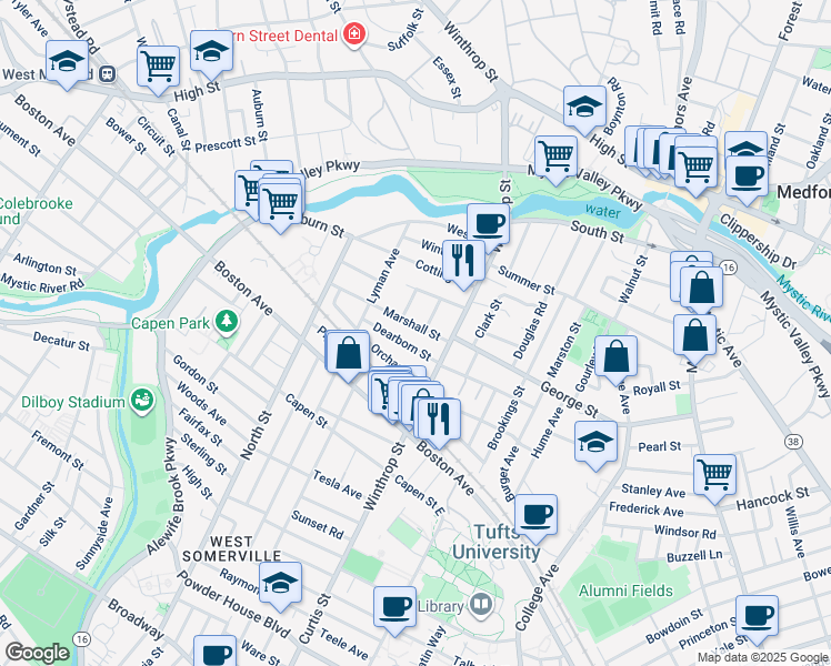 map of restaurants, bars, coffee shops, grocery stores, and more near 11 Dearborn Street in Medford