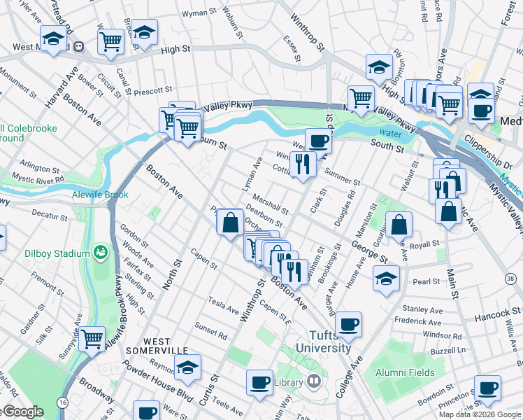map of restaurants, bars, coffee shops, grocery stores, and more near 43 Orchard Street in Medford