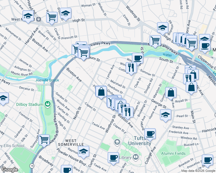 map of restaurants, bars, coffee shops, grocery stores, and more near 43 Orchard Street in Medford