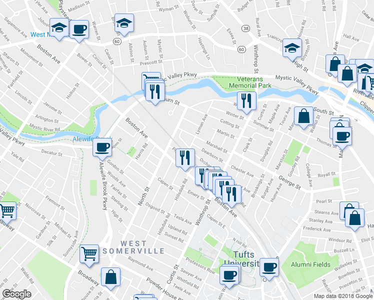 map of restaurants, bars, coffee shops, grocery stores, and more near 40 Piggott Road in Medford
