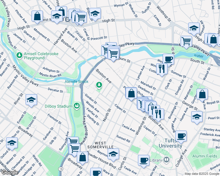 map of restaurants, bars, coffee shops, grocery stores, and more near 24 Pinkham Road in Medford