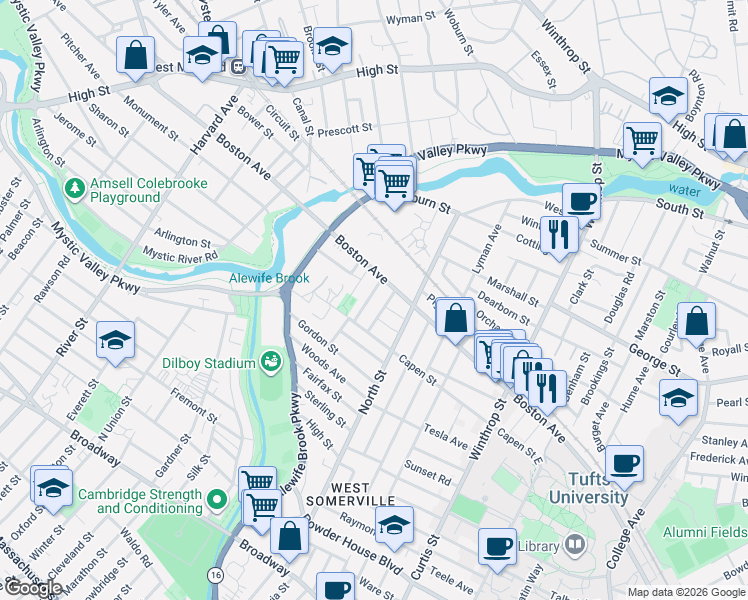 map of restaurants, bars, coffee shops, grocery stores, and more near 24 Pinkham Road in Medford