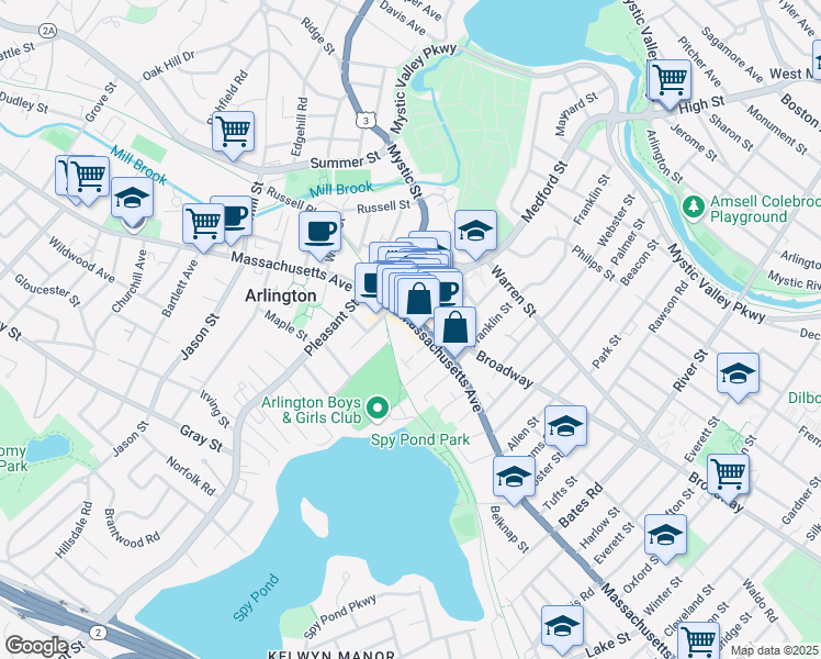 map of restaurants, bars, coffee shops, grocery stores, and more near 438 Massachusetts Avenue in Arlington