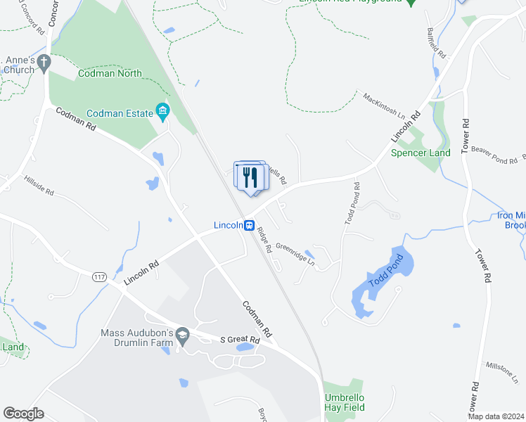 map of restaurants, bars, coffee shops, grocery stores, and more near 19 Ridge Road in Lincoln