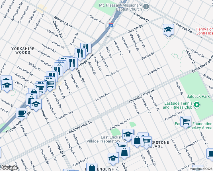 map of restaurants, bars, coffee shops, grocery stores, and more near 5943 Guilford Street in Detroit