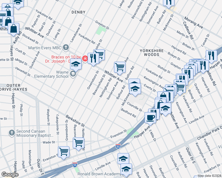 map of restaurants, bars, coffee shops, grocery stores, and more near 10118 Somerset Avenue in Detroit