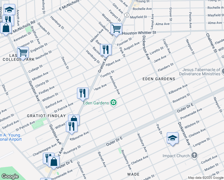 map of restaurants, bars, coffee shops, grocery stores, and more near 12340 Flanders Street in Detroit