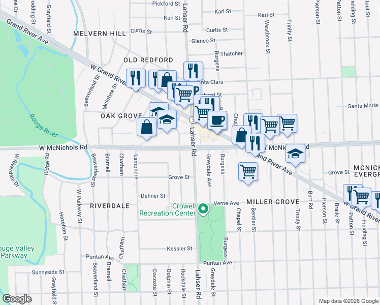 map of restaurants, bars, coffee shops, grocery stores, and more near 16885 Lahser Road in Detroit