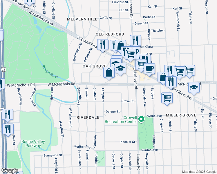 map of restaurants, bars, coffee shops, grocery stores, and more near 16912 Lamphere in Detroit