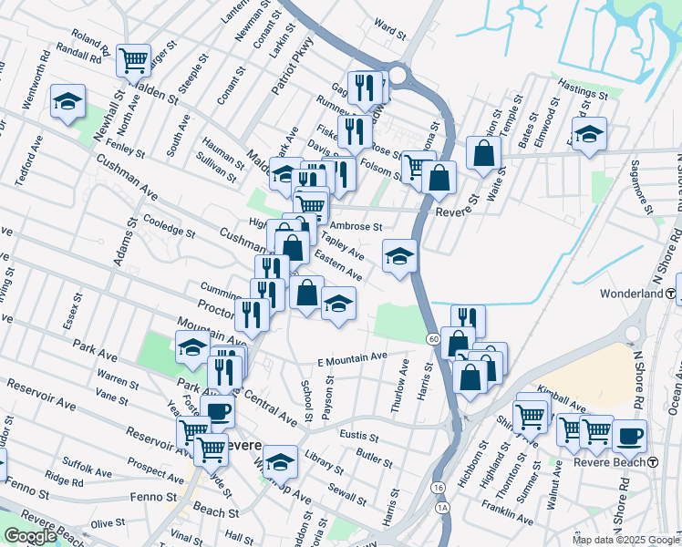 map of restaurants, bars, coffee shops, grocery stores, and more near 64 True Street in Revere
