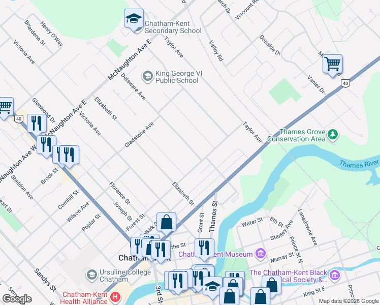 map of restaurants, bars, coffee shops, grocery stores, and more near 40 Delaware Avenue in Chatham