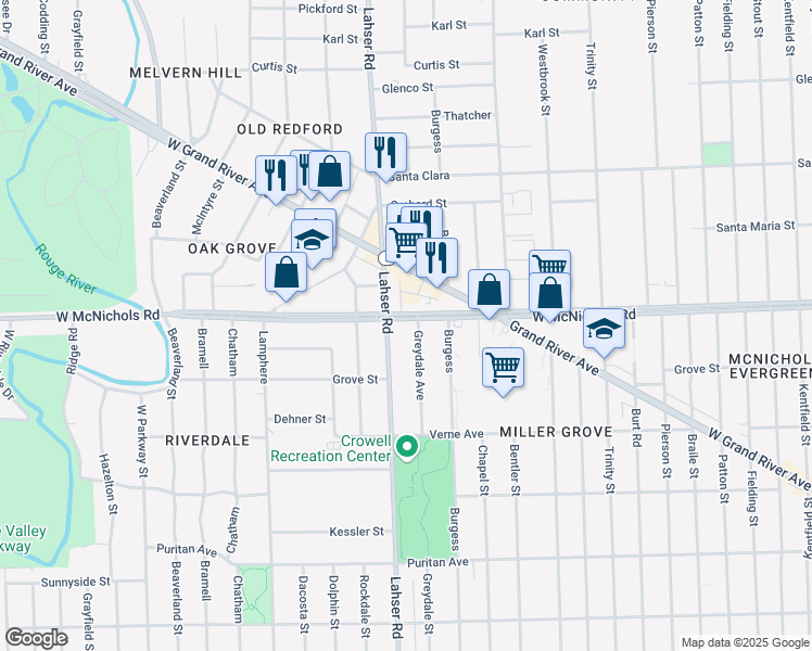map of restaurants, bars, coffee shops, grocery stores, and more near 21701 West McNichols Road in Detroit