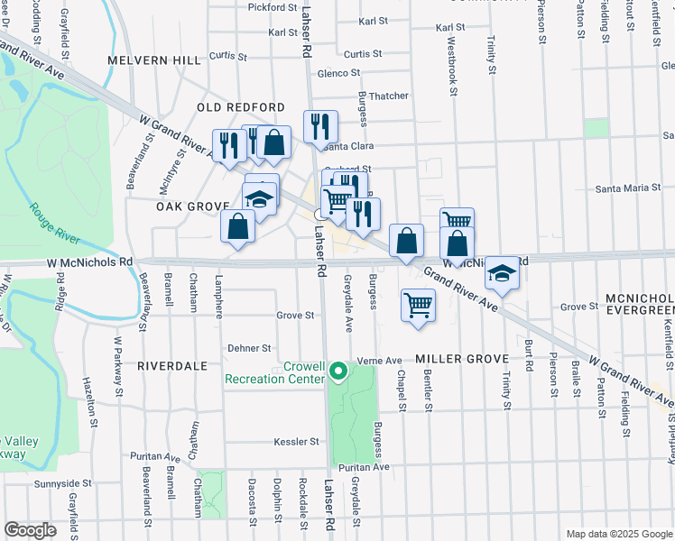 map of restaurants, bars, coffee shops, grocery stores, and more near 21701 McNichols Road West in Detroit