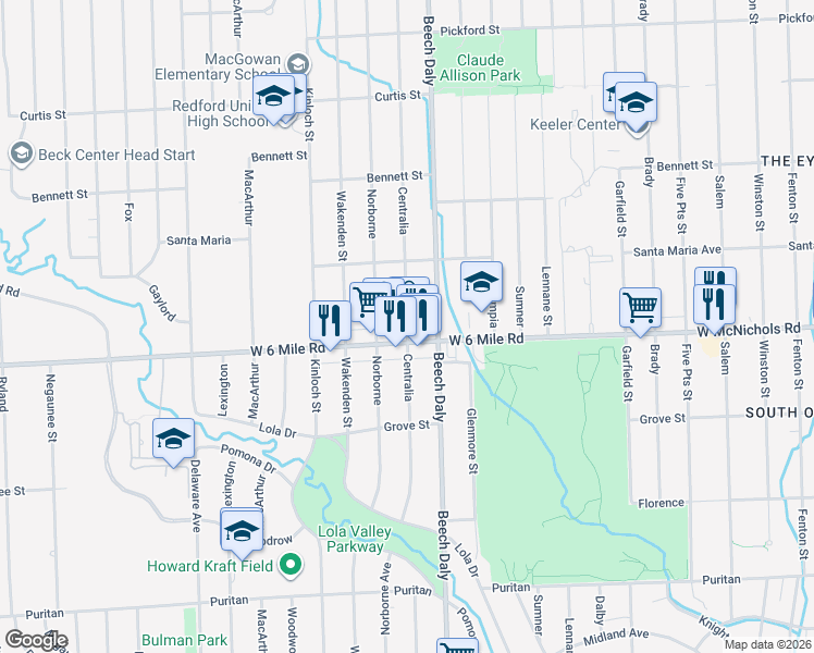 map of restaurants, bars, coffee shops, grocery stores, and more near Centralia & 6 Mile Service Rd in Redford Charter Township