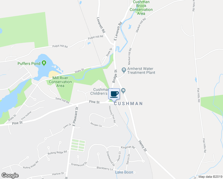 map of restaurants, bars, coffee shops, grocery stores, and more near 54 Bridge Street in Amherst