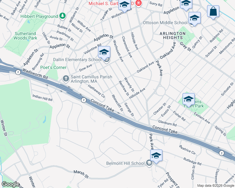 map of restaurants, bars, coffee shops, grocery stores, and more near 111 George Street in Arlington