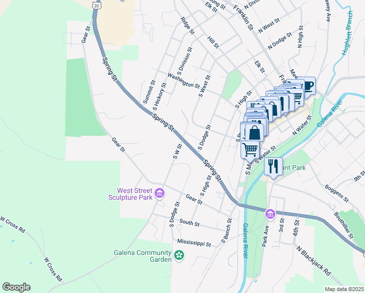 map of restaurants, bars, coffee shops, grocery stores, and more near 514 South West Street in Galena