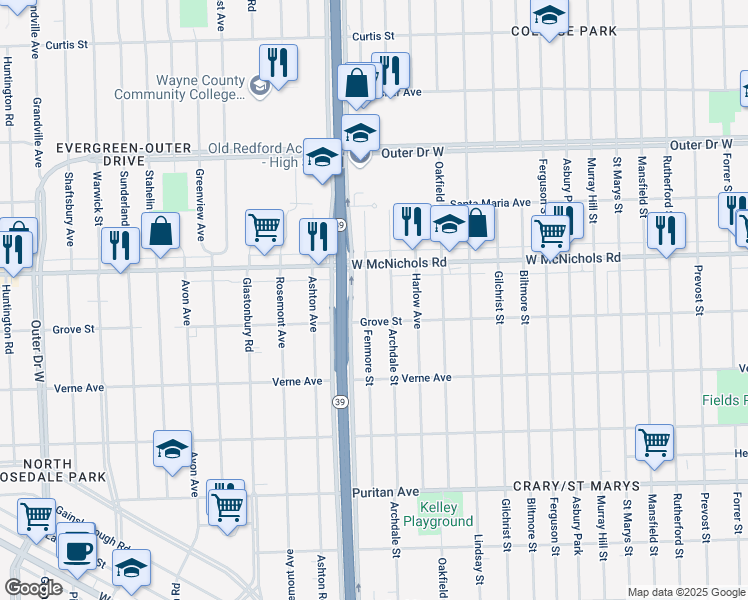 map of restaurants, bars, coffee shops, grocery stores, and more near 16842 Fenmore Street in Detroit
